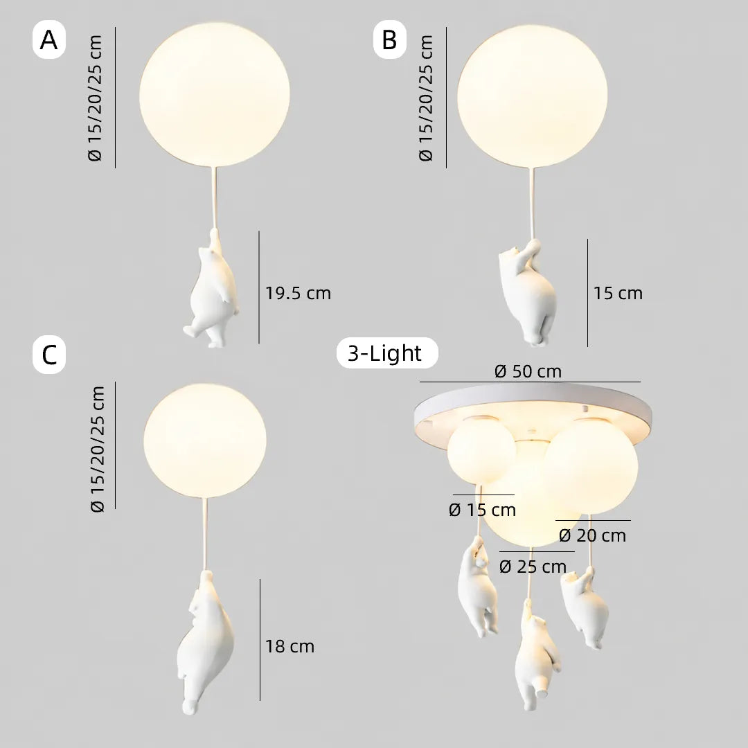 Bear ceiling light diameter options: 15, 20 and 25 cm