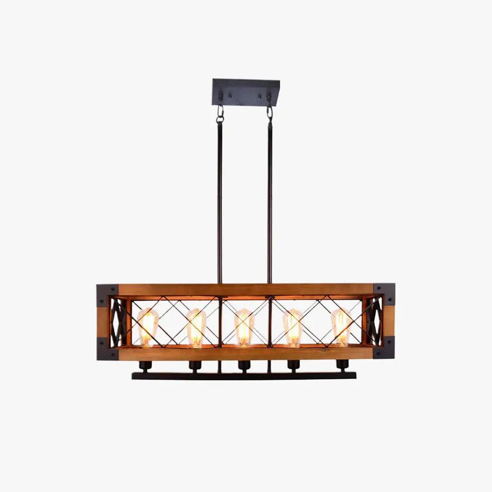 Rectangular Wooden Frame Metal Rod Dining Pendant Light - Clowas