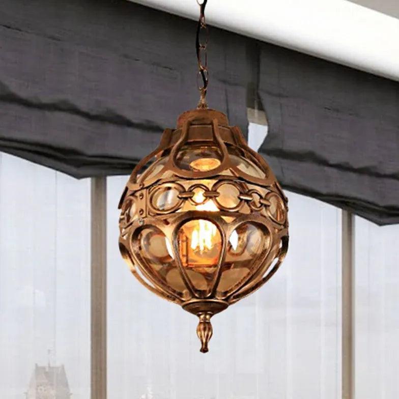 Spherical Carved Antique Copper Tone Pendant Light - Clowas