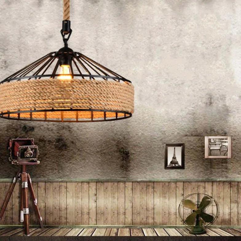 Jute Rope Metal Shade Industrial Kitchen Pendant Light - Clowas