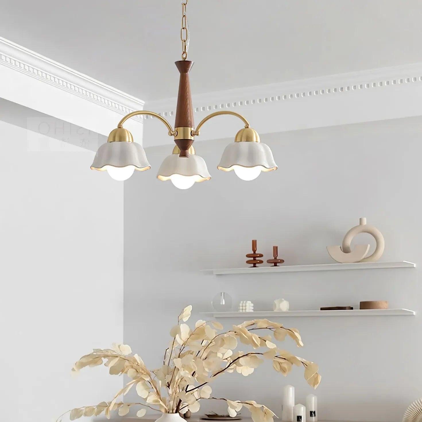 Flower-Shaped White Shade Vintage Wooden Chandelier - Clowas