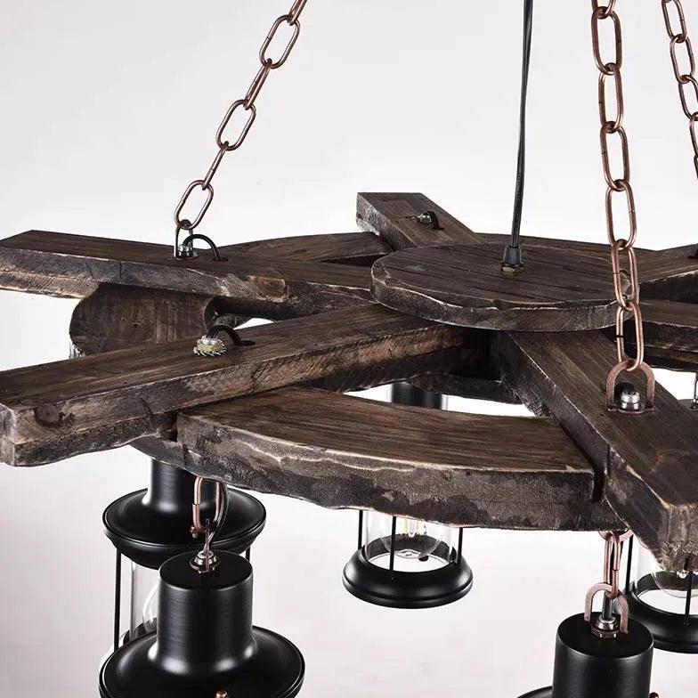 Wooden Wheel Shaped Multi-Light Industrial Chandelier - Clowas