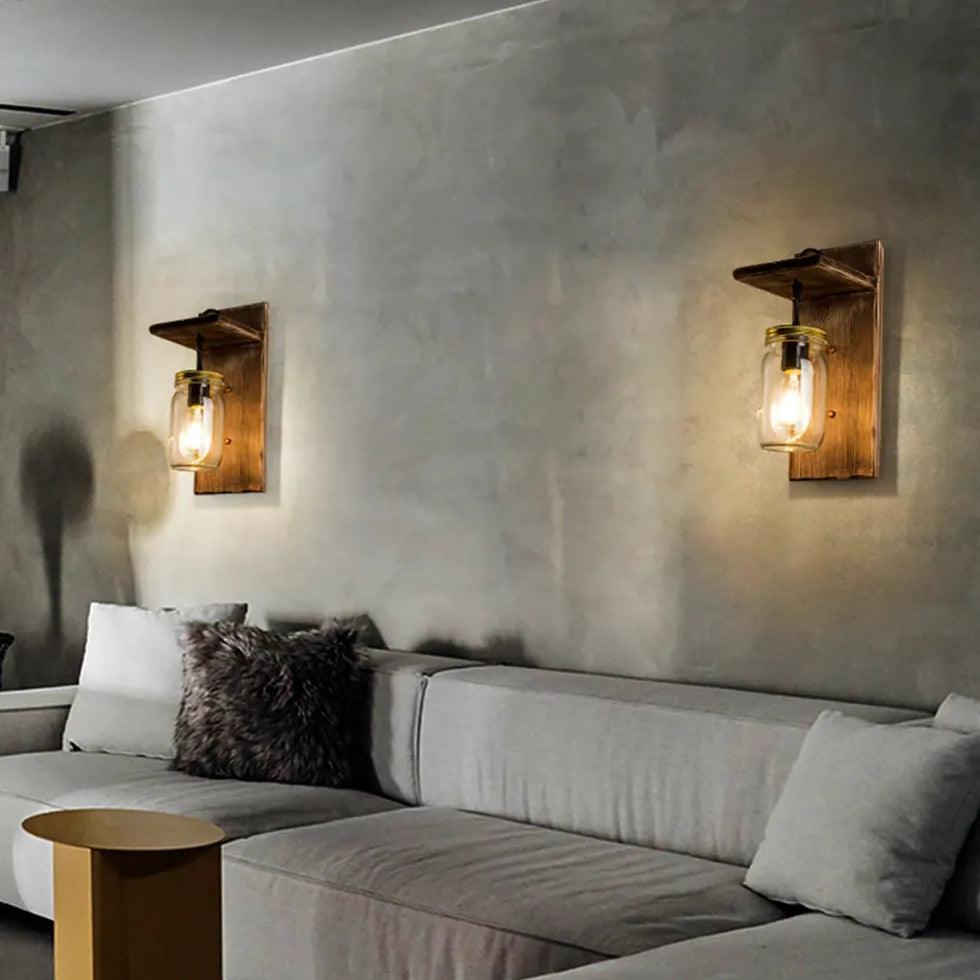 Glass Bottle Shade Vintage Wooden Wall Light - Clowas