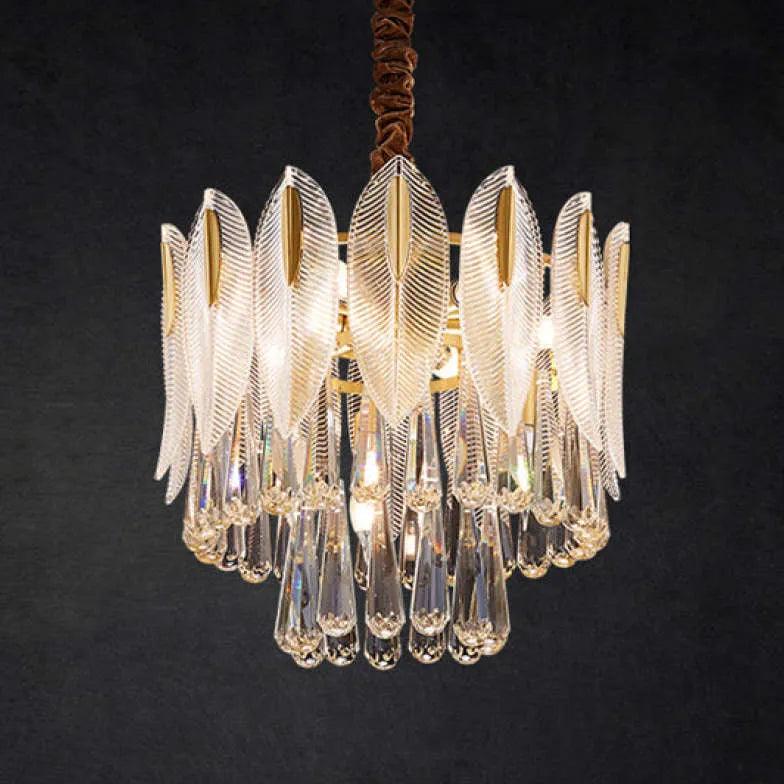 Crystal Leaf Adorned Golden Modern Chandelier - Clowas