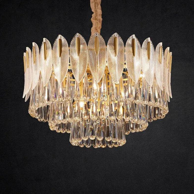 Crystal Leaf Adorned Golden Modern Chandelier - Clowas