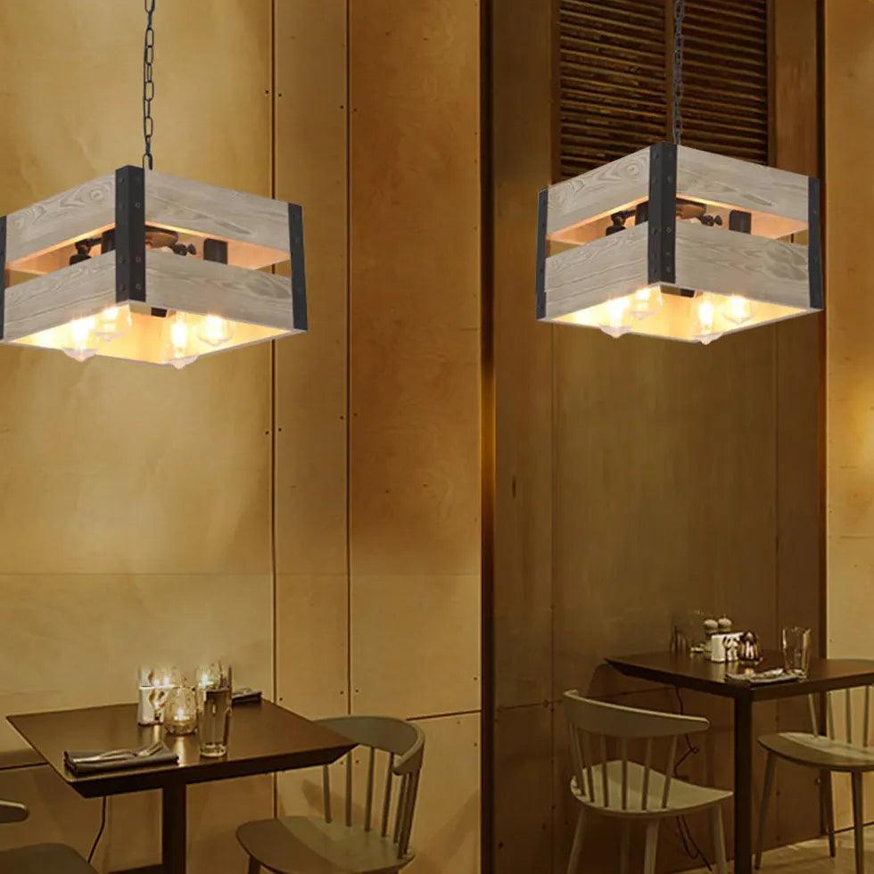Cube-Shaped Wooden Frame Vintage Dining Pendant Light - Clowas
