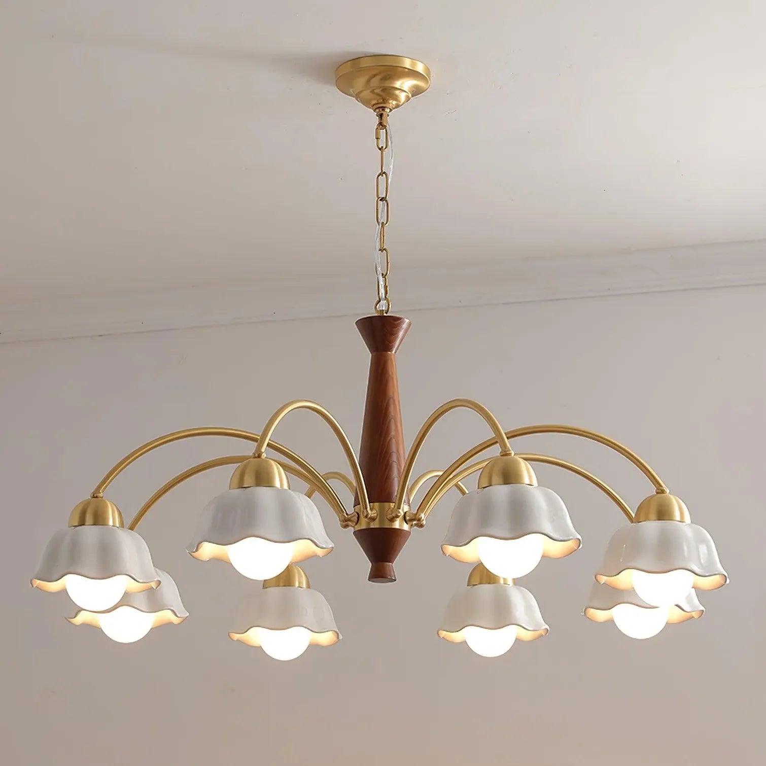 Flower-Shaped White Shade Vintage Wooden Chandelier - Clowas