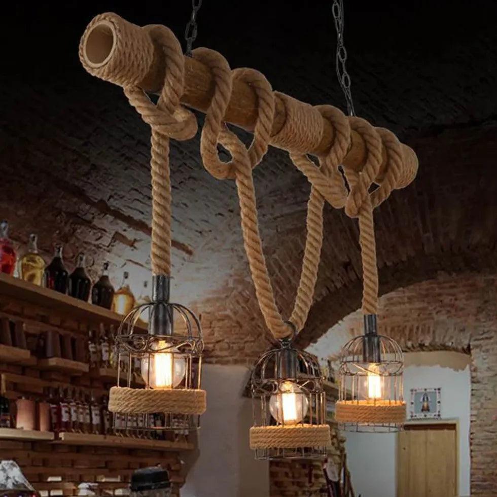 Jute Lantern Design Vintage Wooden Pendant Light - Clowas