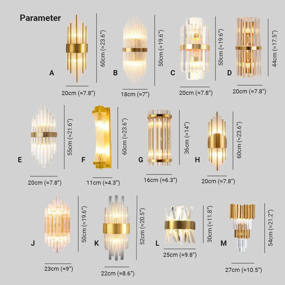 Gold Columnar Crystal Bedroom Wall Lights - Clowas