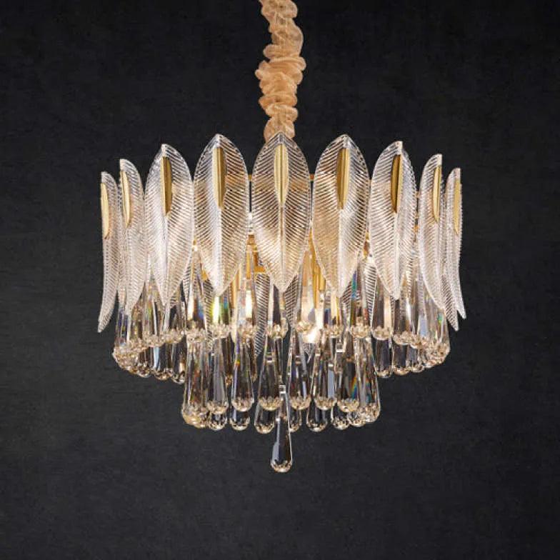 Crystal Leaf Adorned Golden Modern Chandelier - Clowas