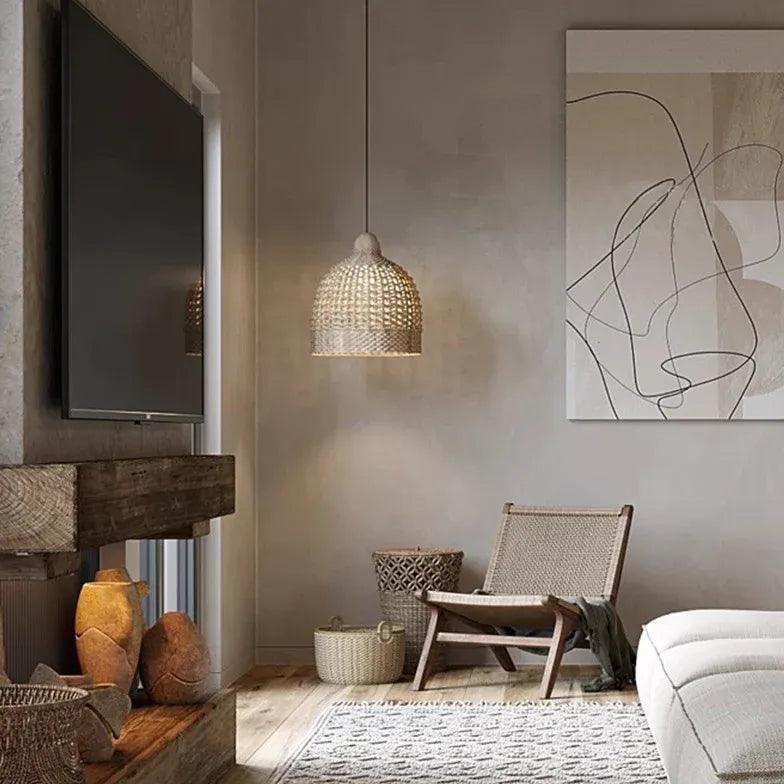Modern Rattan Pendant Light with Glass for Living Room