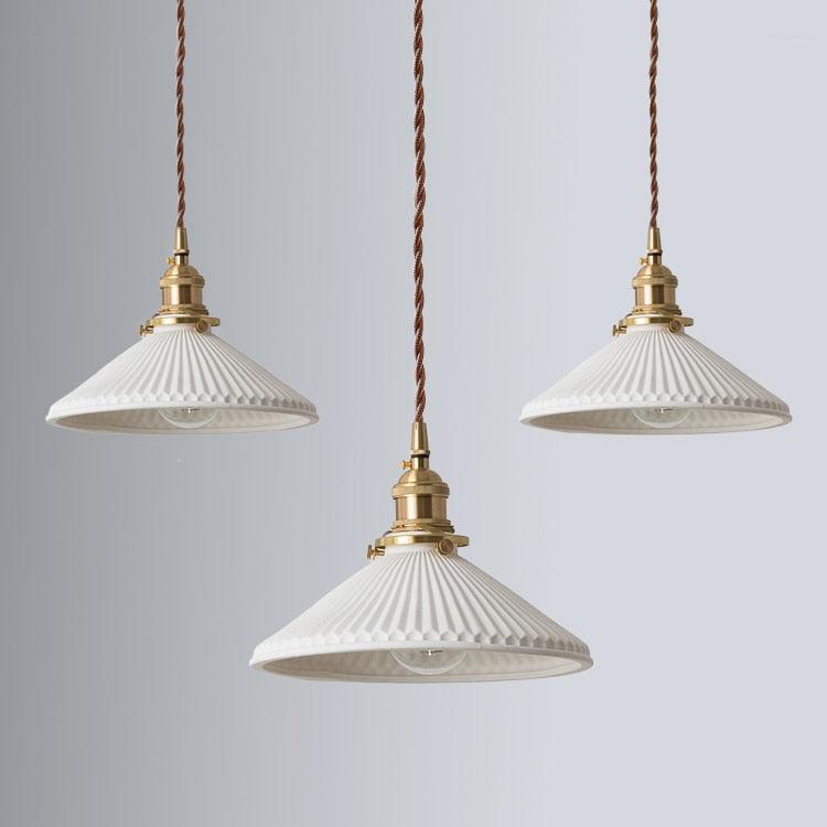 Vintage Brass Pleated Ceramic Pendant Light