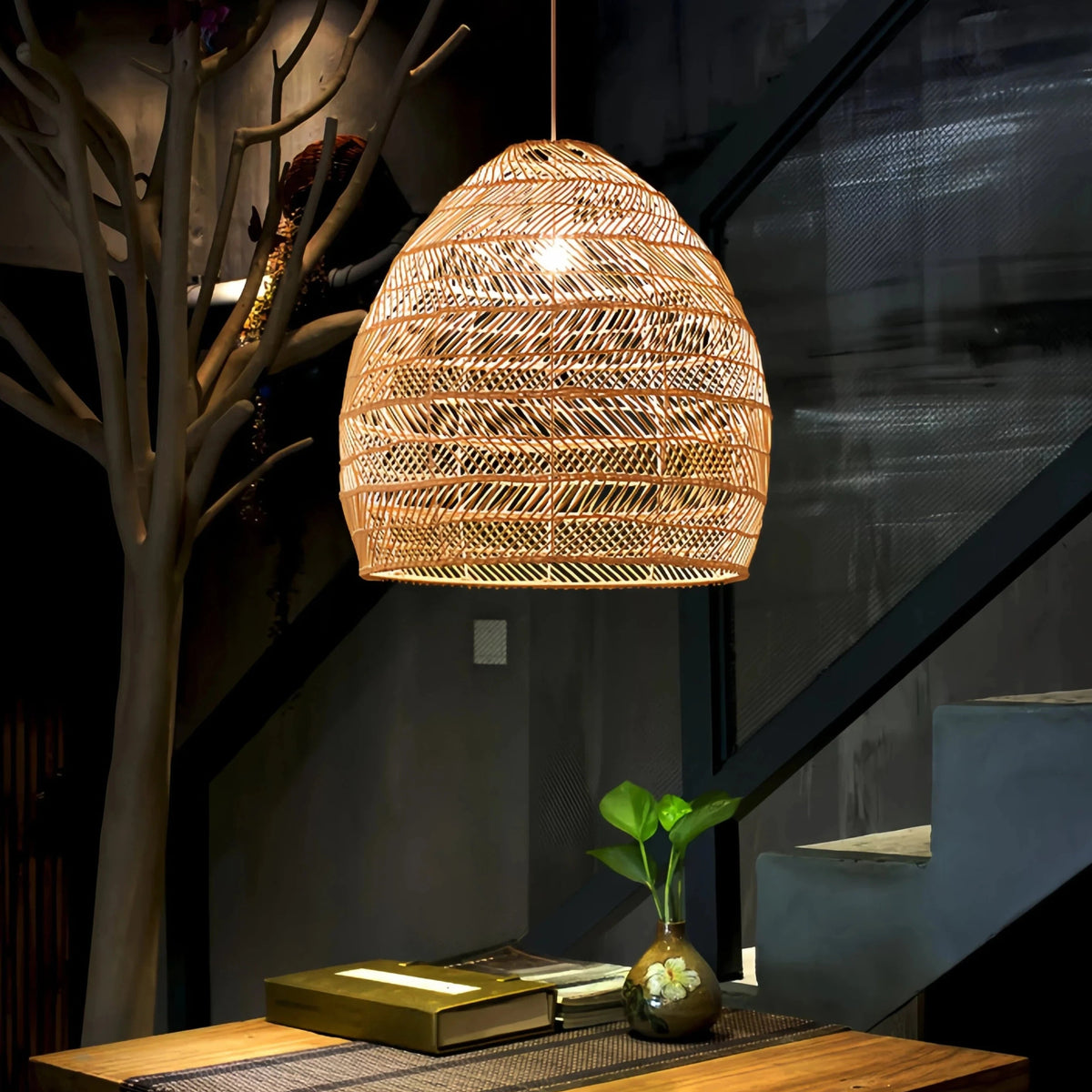 Rattan Pendant Light Dimmable LED for Natural Dining Room