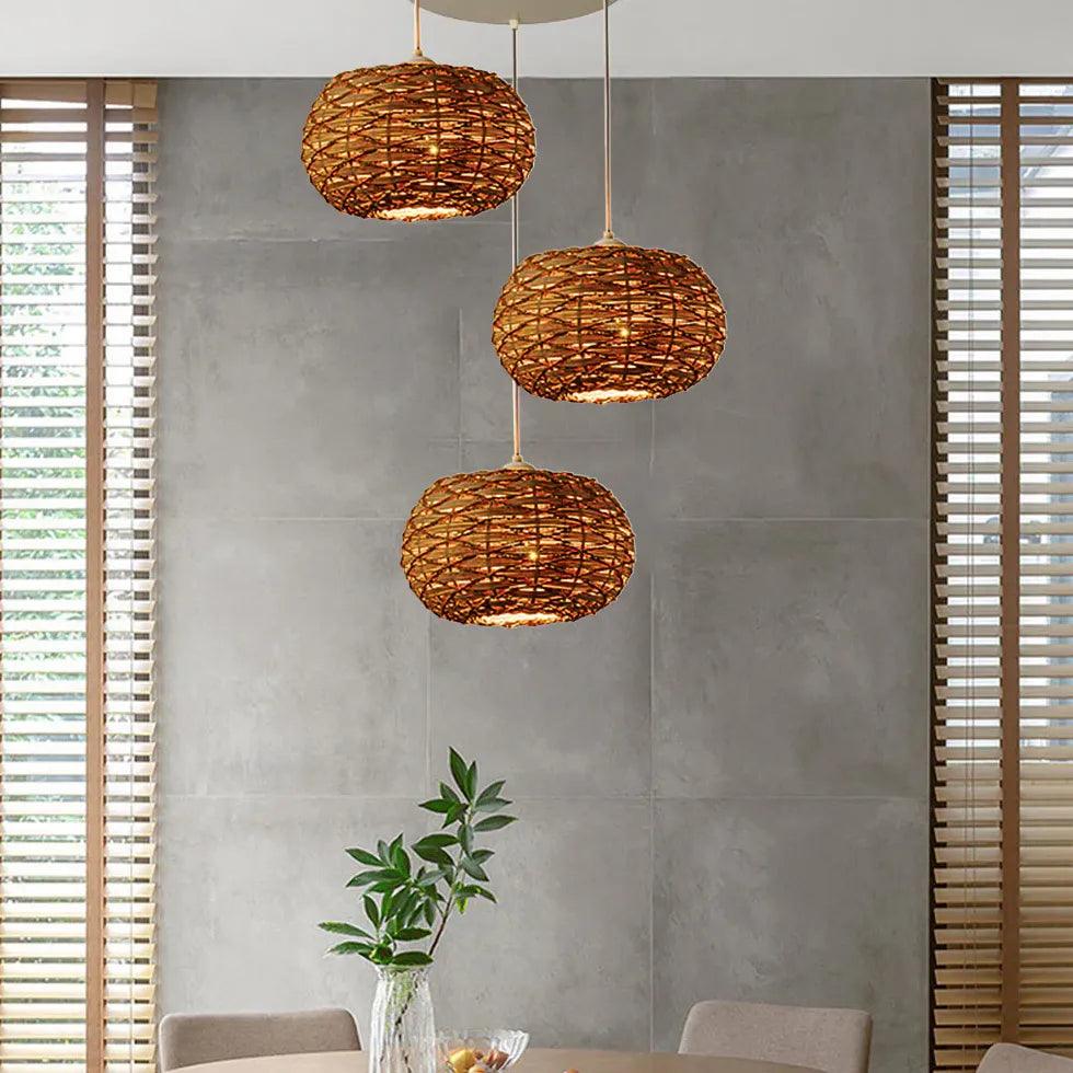 Rattan Woven Round Lampshade Vintage Pendant Light - Clowas