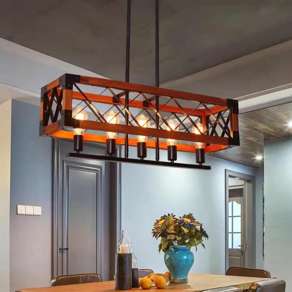 Rectangular Wooden Frame Metal Rod Dining Pendant Light - Clowas