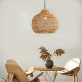 Chinese Bamboo Woven Pendant Light Over Dining Table