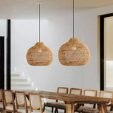 Chinese Bamboo Woven Pendant Light Over Dining Table
