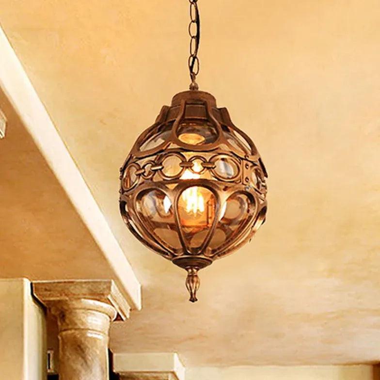 Spherical Carved Antique Copper Tone Pendant Light - Clowas