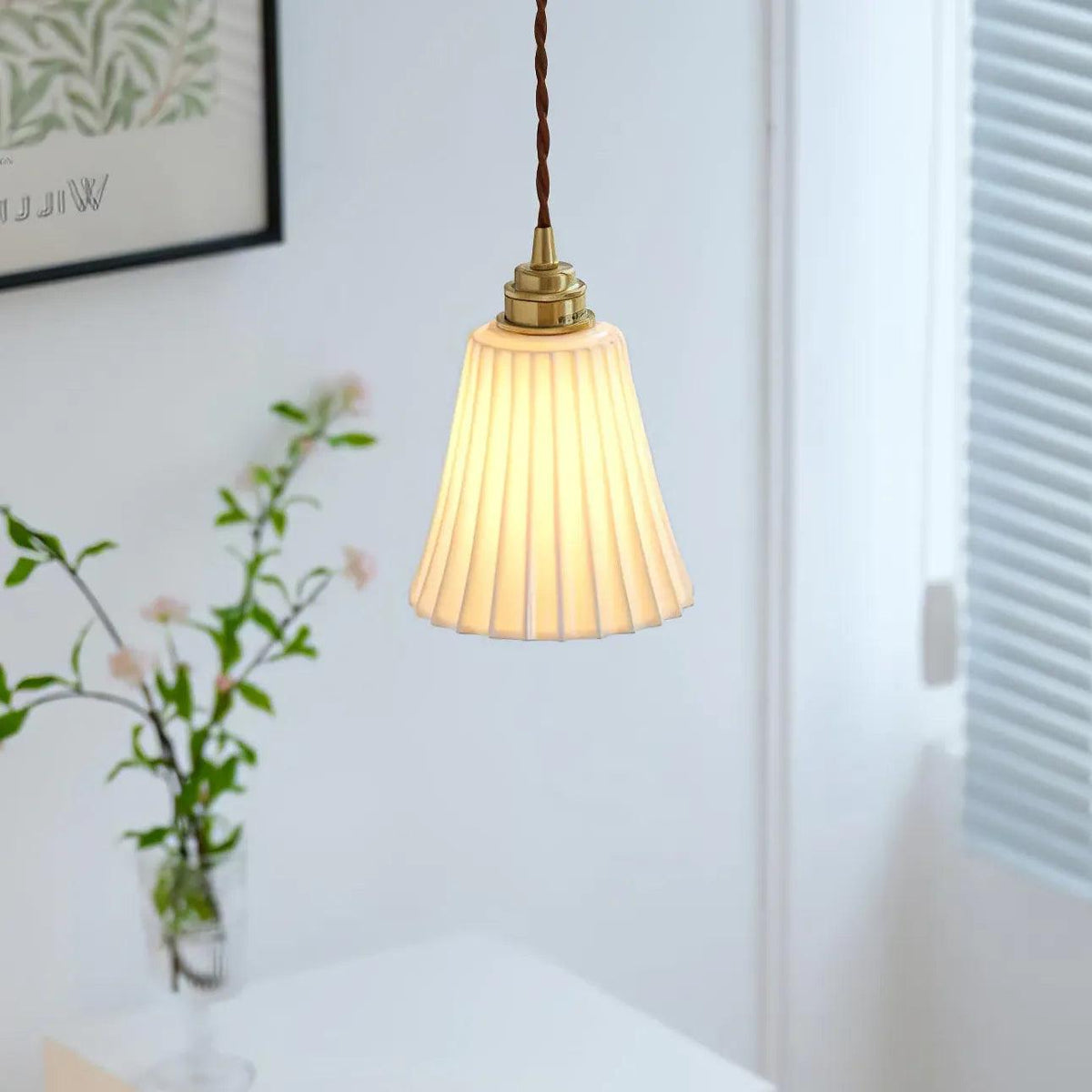 French Vintage White Ceramic Pendant Light with Gold Finish