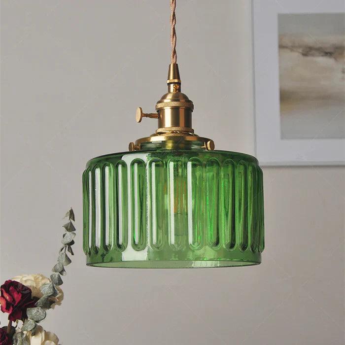 Vintage Green Brass and Glass Pendant Light