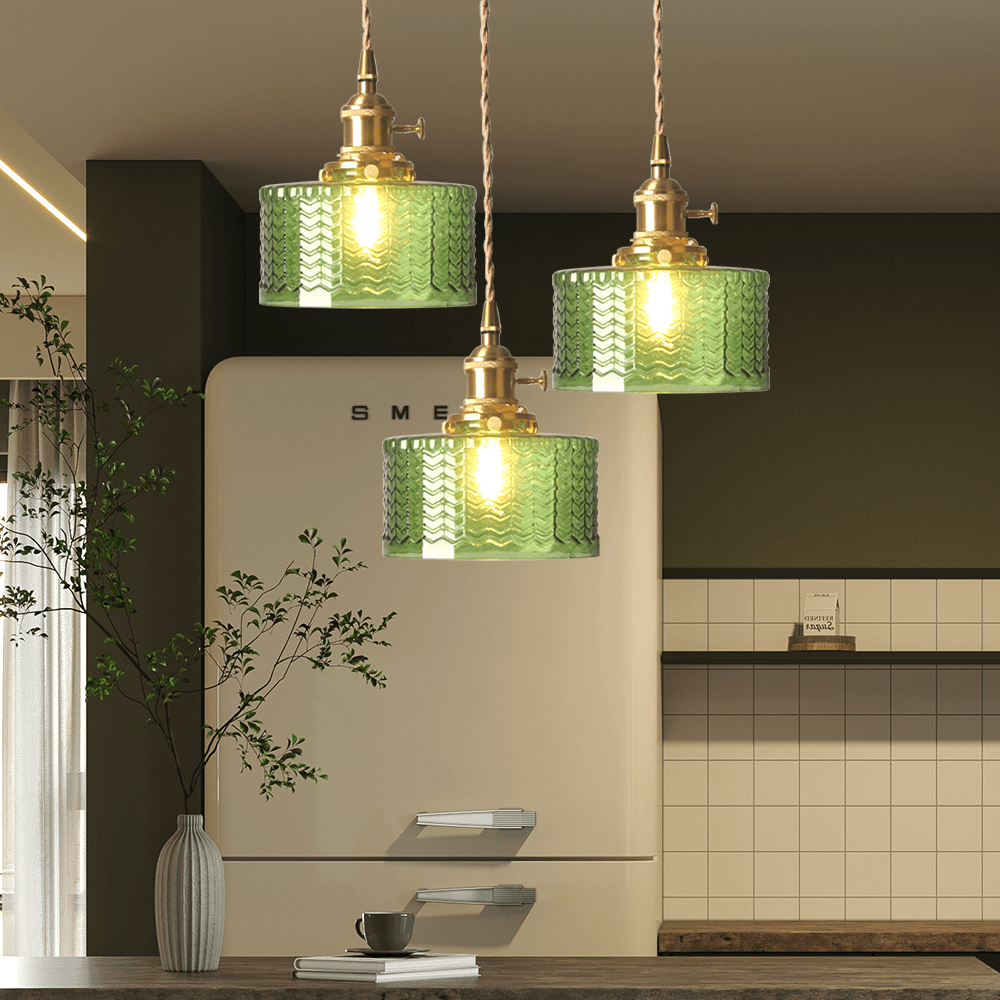 Vintage Green Brass and Glass Pendant Light