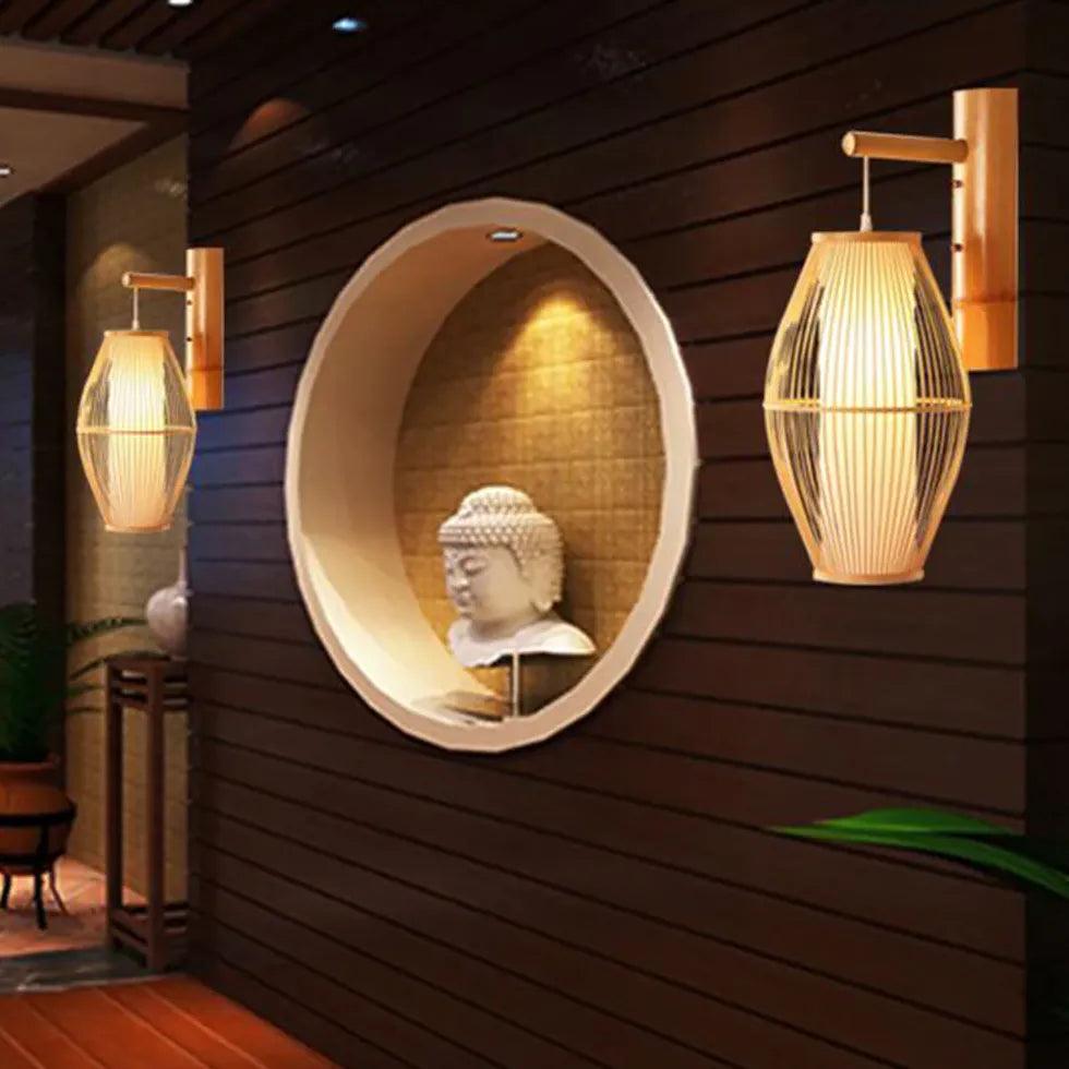 Wicker Wall Light Lantern Wooden - Clowas